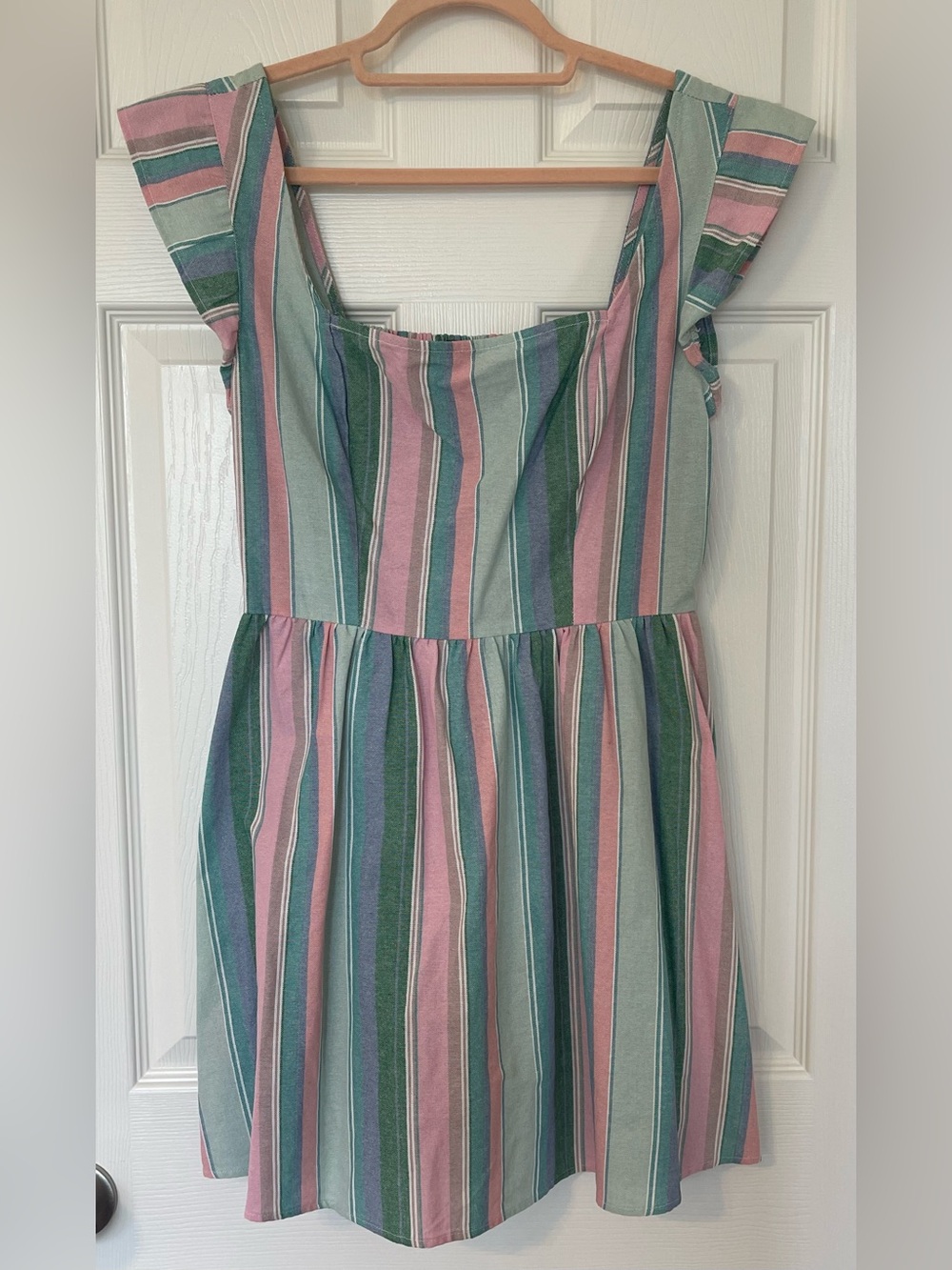 Crystal Doll Striped Mini linen Dress in Pink, Green & Blue